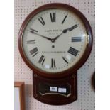 A 19th Century mahogany and brass strung cased drop dial wall clock, the 31cm diameter painted