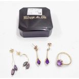 A marked 9ct yellow metal ring, set with marquise amethyst - size O 1/2 - sold with two pairs of