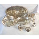 A vintage silver plated Viners gallery tray, cake basket, campagna salts, etc.