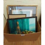 A selection of framed pictures including a modern oil on board still life with bottle, glass and