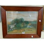 An antique rosewood and gilt lined framed watercolour landscape painting in the 19th Century naive
