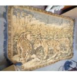 A vintage wool rug with central decoration depicting a scene with prowling tigers - faded - size 1.