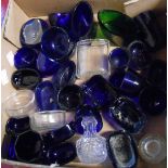 A box containing a quantity of blue glass and other cruet liners, etc.
