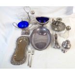 A box containing a quantity of silver plated items including sugar caster, blue glass lined pedestal