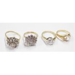 Four 375 (9ct.) gold white paste set dress rings of varying design - three size O, the large