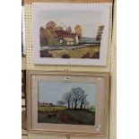 A framed oil on board, depicting a rural landscape - sold with an unframed stretchered oil on