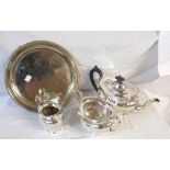 A silver plated three piece tea set - sold with a plated salver with engraved signs of the Zodiac