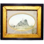 A 19th Century ribbed ebonised and gilt framed mixed media drawing, depicting a view of the