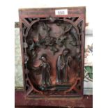 An antique Chinese carved wood and lacquered panel depicting scholars, a 20th Century Chinese silk