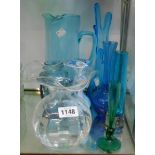 A quantity of glassware including blue lemonade jug, vases, etc.