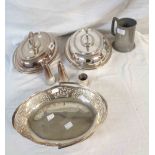 A pair of silver plated entree dishes with detachable handles - sold with a plated cake basket and