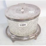 A silver plated and hobnail cut glass biscuit barrel, on stand