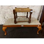 An 83cm beech and mixed wood dressing stool with upholstered seat, set on cabriole legs with pad