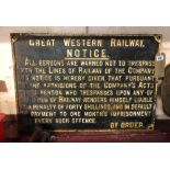 A cast iron Great Western Railway trespass warning sign
