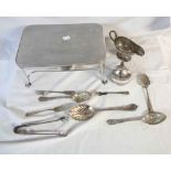 A box containing a quantity of silver plated items including a spirit heater stand by Asprey of