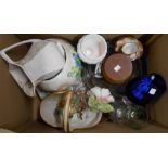 A box containing a quantity of assorted ceramic and glass items including Noritake cup and saucer,