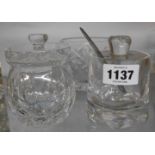 A mid Century Daum crystal preserve pot with stainless steel lid and spoon - sold with a cut glass