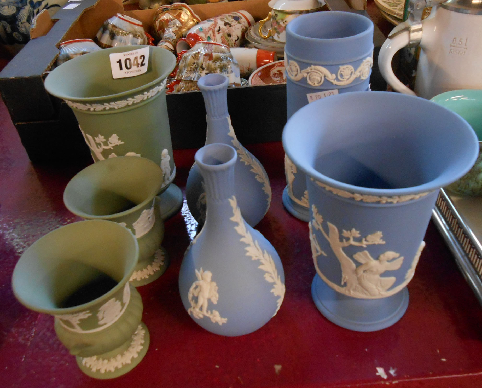 Four Wedgwood blue Jasper vases of various form - sold with three similar green Jasper examples