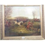 A gilt framed 20th Century oil on canvas hunting scene in the Victorian style