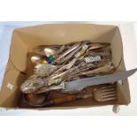 A box containing a quantity of silver plated and other cutlery including silver collared horn