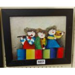 Joyce Roybal: a framed oil on board, depicting a trio ladies band - signed 19cm X 24cm