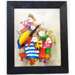 Joyce Roybal: a framed oil on board, depicting a quintet ladies band - signed - 24cm X 19cm