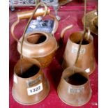 Three vintage graduated copper cider measures - sold with a small copper kettle (no lid)