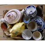 A box containing a quantity of assorted ceramic items including early 19th Century pearlware jug