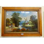 An antique maple framed reverse painted picture on glass, depicting a river landscape with windmill,