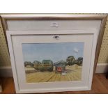 Three framed rural watercolours comprising Robin Thomas: a harvesting scene and a view of a