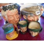 Two large and three small Royal Doulton character jugs comprising Bachaus, The Poacher, The