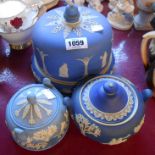 A Victorian blue Jasper dip cheese dome, a similar Wedgwood dark blue Jasper dip sucrier - sold with