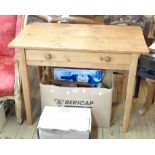 A 94cm waxed pine side table with frieze drawer, set on square tapered legs - 1 a/f