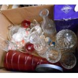 A box containing a quantity of assorted glass and other collectable items including decanters,