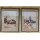 F. van Vollen: a pair of framed coloured Dutch scene prints, one entitled 'Delft', the other '