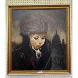 A gilt framed 20th Century oil on canvas portrait, depicting a crying woman with St. Pauls Cathedral