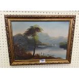 A gilt framed oil on board, depicting a mountain lake scene with sailing vessels - unsigned