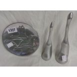 Two vintage aluminium abstract sculptures depicting standing geese - sold with an oval dish