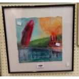 Sharon Charney: a framed abstract oil on rough card entitled 'And the River Had Mills' - signed