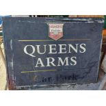 A large vintage printed tin Ushers pub sign for The Queens Arms