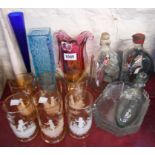 A quantity of assorted glassware including six Mary Gregory style drinking glasses of various