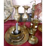 A selection of assorted brass and other metalware including student lamps (no shades), Chinese