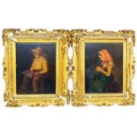 A pair of late 19th Century gilt gesso framed oils on panel, one depicting a seated boy wearing a