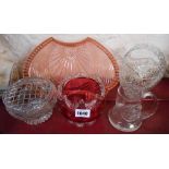 A small selection of assorted glassware comprising cranberry vase, cut crystal basket, similar vase,