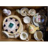 A box containing a quantity of assorted items including Mason's Regency cups, saucers and plates,
