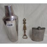 A vintage pewter hip flask with chased fisherman decoration - sold with a chrome plated cocktail