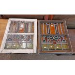 A pair of 50cm old leaded glass window panels with white painted frames and polychrome stained glass