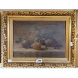 Ruby: a later gilt framed antique oil on canvas still life with fruit and wasp on a table - signed -