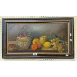 An ebonised and gilt lined framed late Victorian oil on board still life with vase of flowers and
