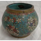 An antique Chinese cloisonne pot with circular floral panels on a turquoise scale ground - a/f